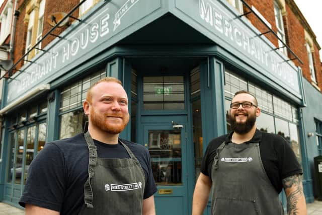 THE MERCHANT HOUSE NEED STREET FOOD JPNS MRW 7/1/2019
//NOTE: SEE COLLECTS FOR FOOD PICTURES //
'Need Street Food' owner Pete Hunt (left) with colleague Stuart Armstrong (right) outside 'The Merchant House' on Highland Road, Southsea, Hampshire. Picture: Malcolm Wells (190107-1705)