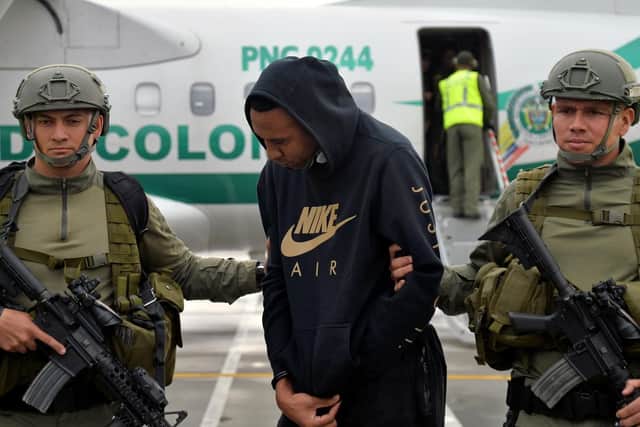 Former Pompey midfielder Jhon Viafara after being arrested on suspicion of drug trafficking. Picture: DIANA SANCHEZ/AFP/Getty Images