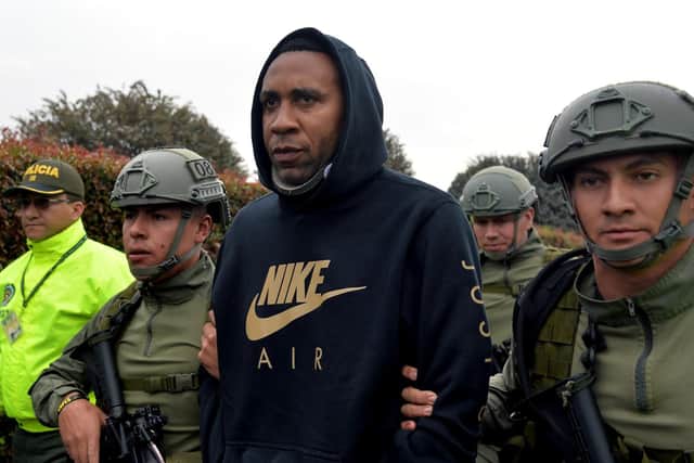 Former Pompey midfielder Jhon Viafara after being arrested on suspicion of drug trafficking. Picture: DIANA SANCHEZ/AFP/Getty Images