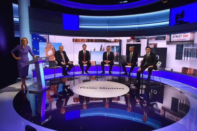 BBC handout photo of (left to right) Host Emily Maitlis, Boris Johnson, Jeremy Hunt, Michael Gove, Sajid Javid and Rory Stewart during the BBC TV debate at BBC Broadcasting House in London featuring the contestants for the leadership of the Conservative Party.