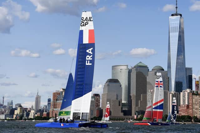 The French, Japanese, British, and American teams cross in front of One World Trade Centre during day two of competition at the SailGP event in New York City. Picture: Sarah Stier/Getty Images