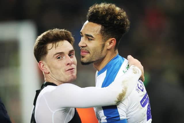 Ben Thompson and Andre Green celebrate beating Norwich - but both were recalled halfway through their Pompey stay. Picture: Joe Pepler