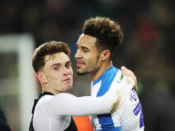 Ben Thompson and Andre Green celebrate beating Norwich - but both were recalled halfway through their Pompey stay. Picture: Joe Pepler