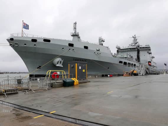 Pictured: RFA Tiderace alongside at Princess Royal Jetty, HMNB Portsmouth.