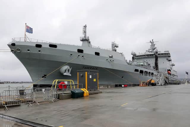Pictured: RFA Tiderace alongside at Princess Royal Jetty, HMNB Portsmouth.