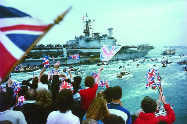 HMS Hermes arriving back in Portsmouth after the Falklands War in 1982.