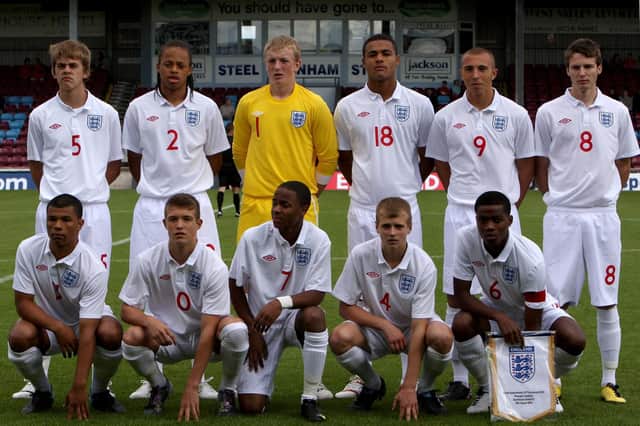 Sam Magri (far left, back row) on England under-17 duty against Portugal. Others lining up include Jordan Pickford, Nick Powell, Raheem Sterling and Nathaniel Chalobah