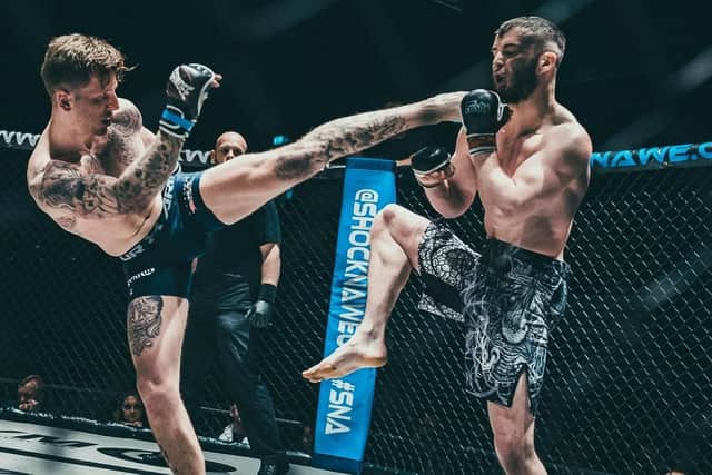 Kye Stevens on his way to winning the amateur welterweight title at Shock N Awe 29. Picture: Mat Rydzik/ Shock N Awe