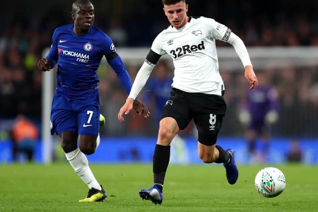 Mason Mount battles Chelsea's N'golo Kante while on loan at Derby last season. Picture: Clive Rose/Getty Images