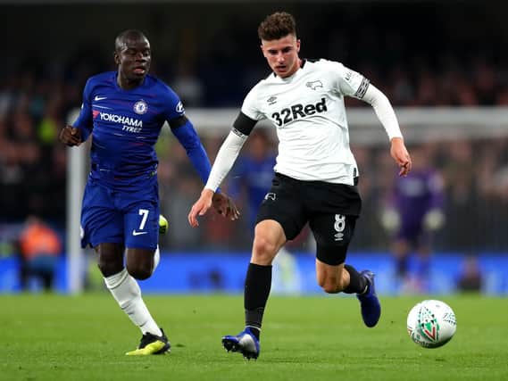 Mason Mount battles Chelsea's N'golo Kante while on loan at Derby last season. Picture: Clive Rose/Getty Images