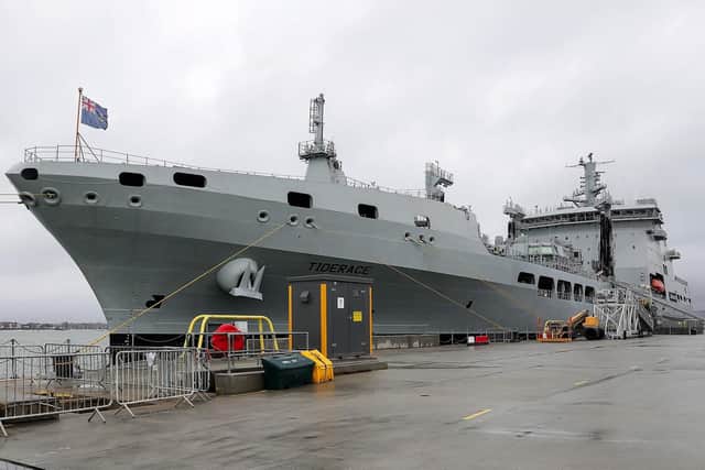 RFA Tiderace, pictured alongside at Princess Royal Jetty in Portsmouth, was built in South Korean yard and not a UK one. Photo: MoD