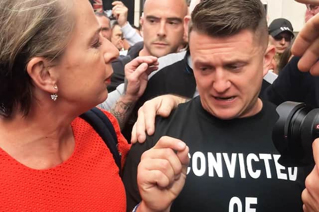 Tommy Robinson with Katy Hopkins as he arrives for his sentencing at the Old Bailey in London. Picture: Henry Vaughan/PA Wire