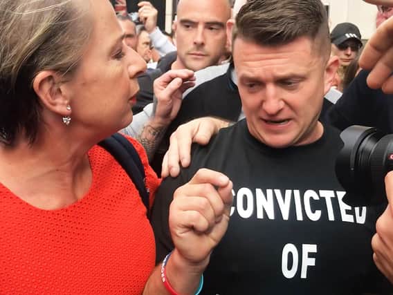 Tommy Robinson with Katy Hopkins as he arrives for his sentencing at the Old Bailey in London. Picture: Henry Vaughan/PA Wire