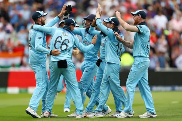 James Vince and England celebrate the dismissal of Alex Cary. Picture: Michael Steele/Getty Images