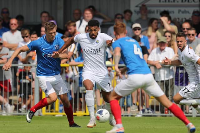 Hawks - Jonah Ayunga and Pompey's Sean Raggett.
Hawks v Pompey - Pre-season Friendly, Westleigh Park, Havant England on 10 September 2016. Photo by Dave Haines/Portsmouth News