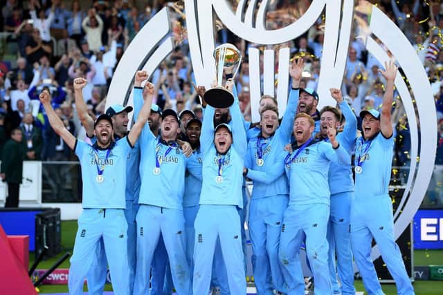 England, including Hampshire duo James Vince and Liam Dawson, celebrate winning the World Cup. Picture: Getty Images