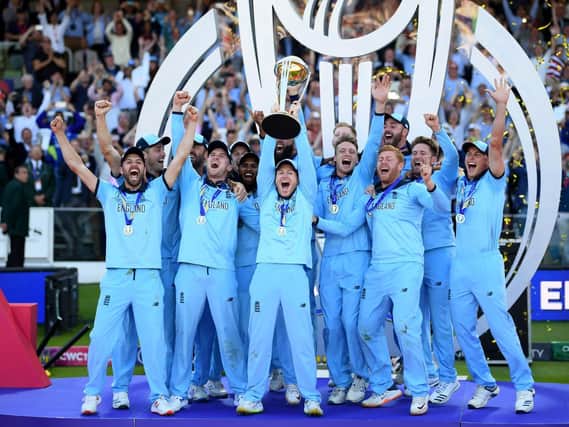 England, including Hampshire duo James Vince and Liam Dawson, celebrate winning the World Cup. Picture: Getty Images