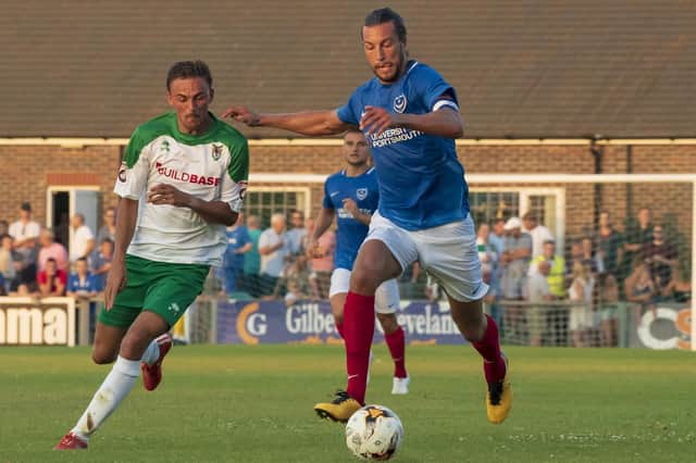 Christian Burgess in action for Pompey against Bognor last season. Picture: Tommy McMillan