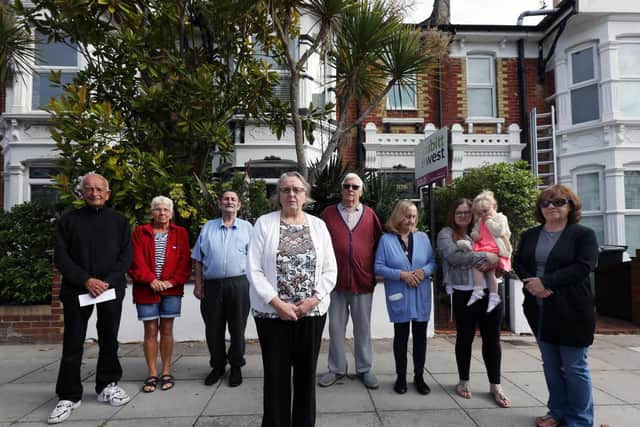 Residents who object to proposals to convert 56 Shadwell Road, Hilsea, into a five bedroom House of Multiple Occupation. Val Russell, fourth left.       Picture: Chris Moorhouse           (120619-2)