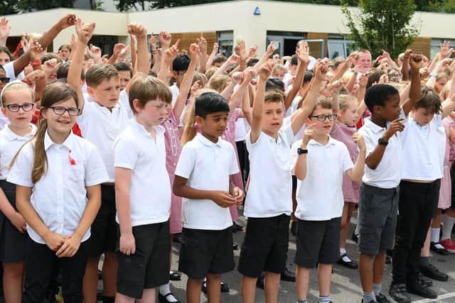 The pupils of Highbury Primary School bid a fond farewell to headteacher, Sarah Saddler, who is retiring after eight years at the school.

Picture: Malcolm Wells (190717-4132)
Professional Photographer 
Mobile: 07802-217-569
E: malcolmrichardwells@gmail.com