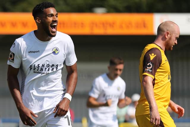 Jonah Ayunga celebrates scoring for the Hawks against Sutton. Picture: Dave Haines