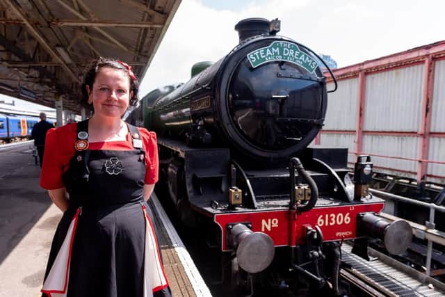 Mayflower Morris dancer Emma Purvey with namesake engine the B1 Class Mayflower. Picture: Vernon Nash (200719-003)