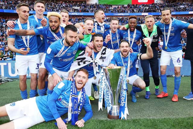 Pompey celebrate their Checkatrade Trophy triumph. Picture: Joe Pepler