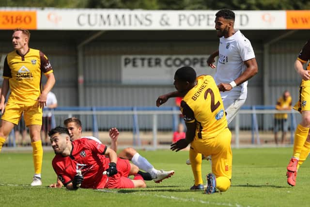 Jonah Ayunga scores in the Hawks' win over Sutton. Picture: Dave Haines