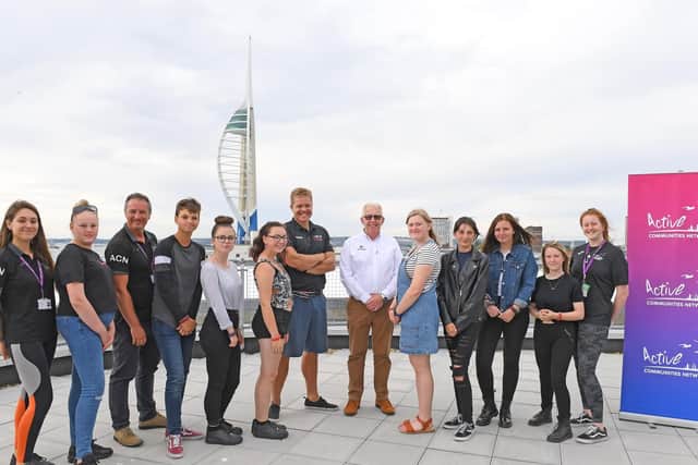 The youngsters with ACN leaders Aysha Coker, far left, and Zephra Atkins, far right, David Carr of Team Ineos UK, centre left and Chas of The Tall Ships Youth Trus.. Picture: Malcolm Wells (190717-4293)