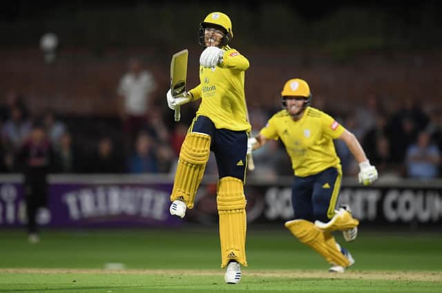 Hampshire's Lewis McManus celebrates after hitting a six to claim T20 victory over Somerset at Taunton. Picture: Harry Trump/Getty Images
