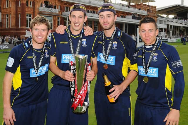 Michael Bates, right, celebrates Hampshire's 2012 Clydesdale Bank 40 victory with fellow academy products Liam Dawson, Chris Wood and James Vince. Picture: Mike Hewitt/Getty Images