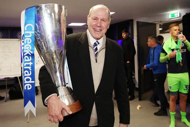 Michael Eisner with the Checkatrade Trophy in the Pompey dressing room at Wembley Picture: Joe Pepler