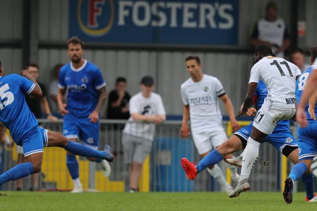 Roarie Deacon scores against Eastleigh on Saturday. Picture: Dave Haines