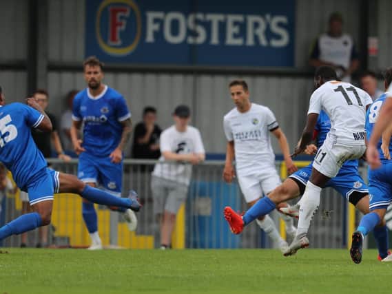 Roarie Deacon scores against Eastleigh on Saturday. Picture: Dave Haines