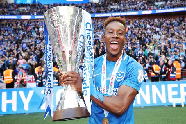 Jamal Lowe with the Checkatrade Trophy after Wembley success against Sunderland Picture: Joe Pepler