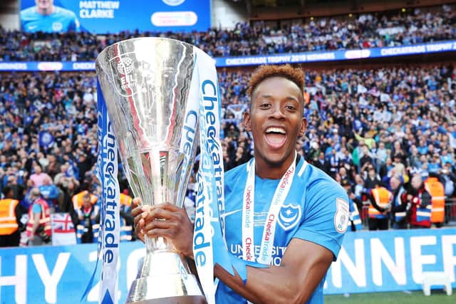 Jamal Lowe celebrates the Wembley win over Sunderland. Picture: Joe Pepler