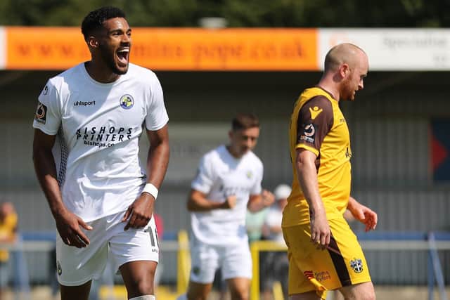 Jonah Ayunga celebrates scoring against his old club, Sutton United, during pre-season. Picture: Dave Haines