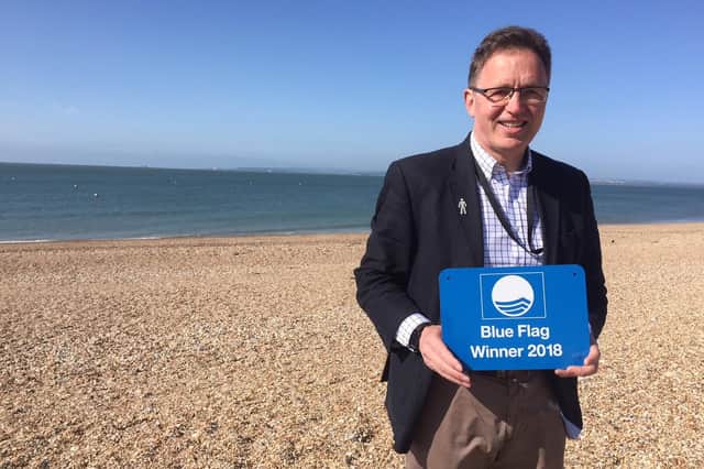 Councillor Gary Hughes at Beachlands with Hayling Island's latest Blue Flag award in 2018