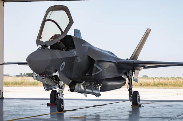 Royal Air Force F-35B Lightning aircraft from 617 Sqn take off from Italian AF base Amendola near Foggia, Italy, as part of a sortie for EX Staccato Pursuit on the in July.
