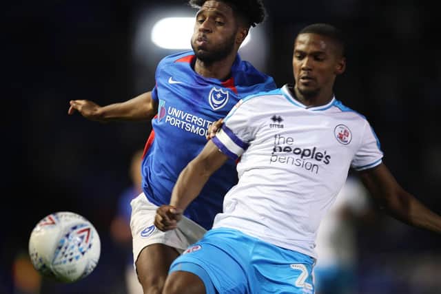Ellis Harrison challenges for the ball in tonight's 1-0 Pompey victory over Crawley in the Leasing.com Trophy