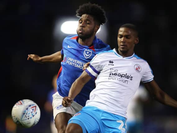 Ellis Harrison challenges for the ball in tonight's 1-0 Pompey victory over Crawley in the Leasing.com Trophy