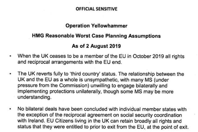 Screen grab taken from the UK Government website where it's published its Operation Yellowhammer "reasonable worst case planning assumptions" in the event of a no-deal Brexit, in response to MPs voting for it to happen. Picture: UK Government/PA Wire