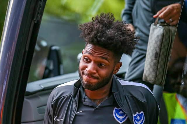Portsmouth forward Ellis Harrison (22) arrives ahead of the EFL Cup match between Queens Park Rangers and Portsmouth at the Kiyan Prince Foundation Stadium, London, England on 28 August 2019.