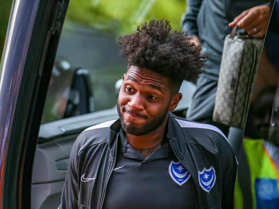 Portsmouth forward Ellis Harrison (22) arrives ahead of the EFL Cup match between Queens Park Rangers and Portsmouth at the Kiyan Prince Foundation Stadium, London, England on 28 August 2019.