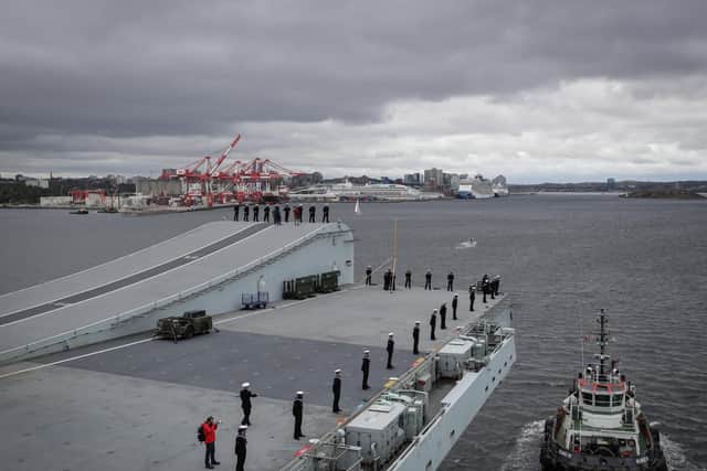 HMS Queen Elizabeth arrives in Halifax, Nova Scotia in an historic first visit. The 65,000 tonne warship will be joined in harbour by other ships from the UK Carrier Strike Group who are on a deployment called WESTLANT 19.