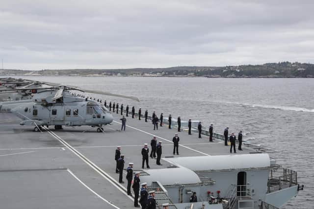 HMS Queen Elizabeth arrives in Halifax, Nova Scotia in an historic first visit. The 65,000 tonne warship will be joined in harbour by other ships from the UK Carrier Strike Group who are on a deployment called WESTLANT 19.