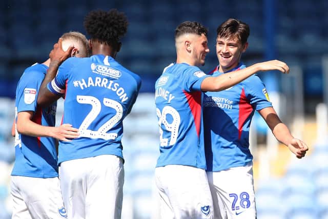 Pompey celebrate Josh Flint's goal. Picture: Joe Pepler