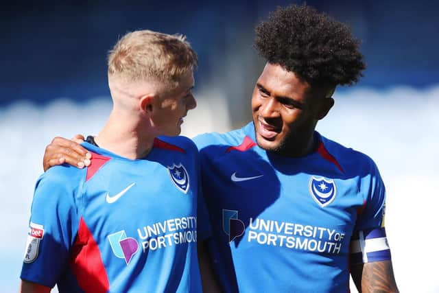 Eoin Teggart, left, is congratulated by Ellis Harrison. Picture: Joe Pepler