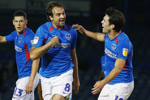 Brett Pitman celebrates scoring against Crawley. Picture: Joe Pepler