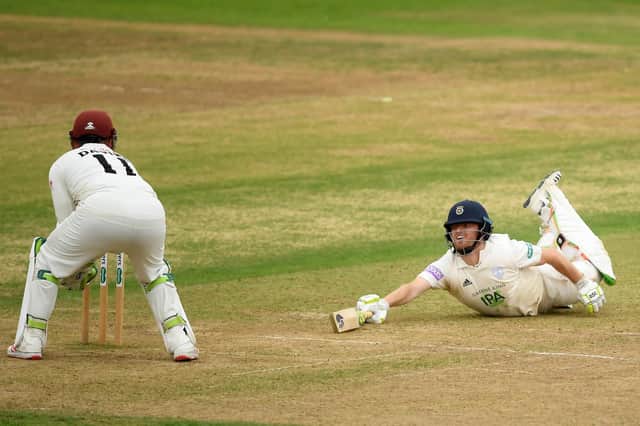 Liam Dawson survives a run out chance on his way to a century at the Ageas Bowl